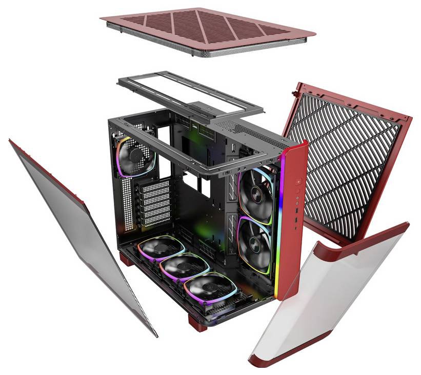 Gedemonteerd pc-behuizing in het rood, toont vier ventilatoren met RGB-verlichting, verwijderbare zijpanelen en een roosteroppervlak in explosietekening.