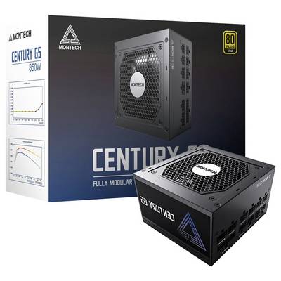 'MONTECH Century G5' voeding met 850W vermogen, volledig modulair ontwerp. Verpakking toont het product en grafische informatie over efficiëntie en laag geluidsniveau.