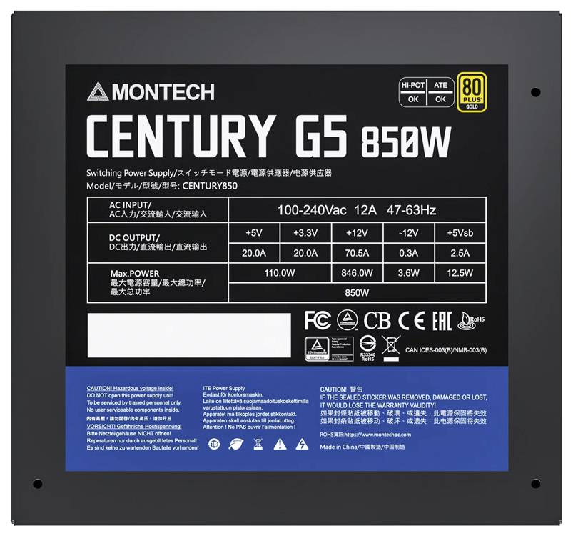 Voeding Montech Century G5 850W, 80 Plus Gold gecertificeerd. Ingangsspanning 100-240V, uitgang 850W. Veiligheids- en keuringssymbolen afgebeeld.