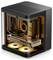 Een moderne, transparante computer met verlichte componenten, waaronder een 'RADEON'-videokaart, in een compact zwart behuizing.