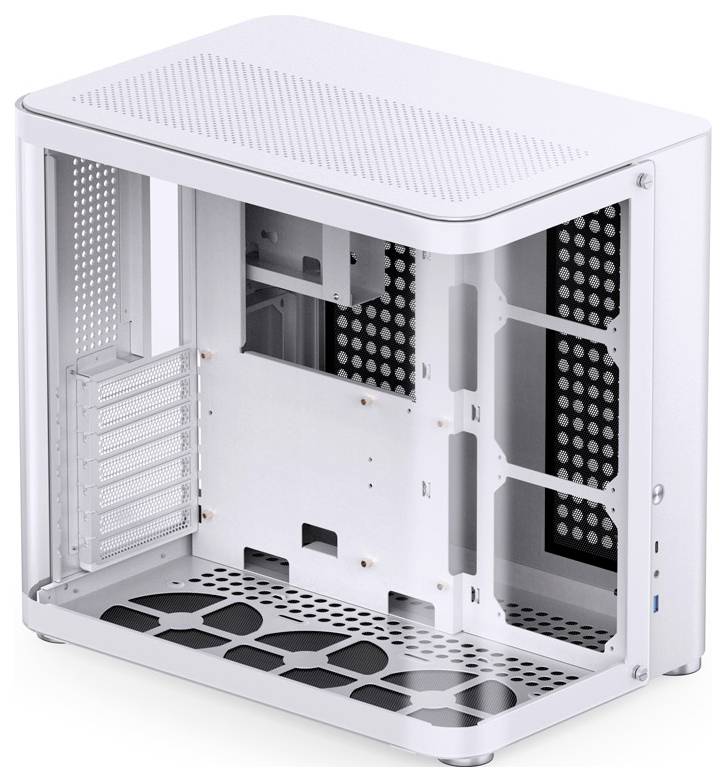 Een leeg, wit computerbehuizing met meerdere ventilatiesleuven, zij- en achterwandopeningen voor ventilatie en uitbreidingssleuven.