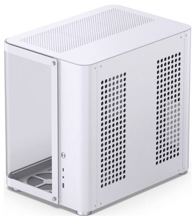 Een compacte witte pc-behuizing met zijdelingse en bovenste ventilatieopeningen, geschikt voor Mini-ITX-moederborden, staat rechtop.