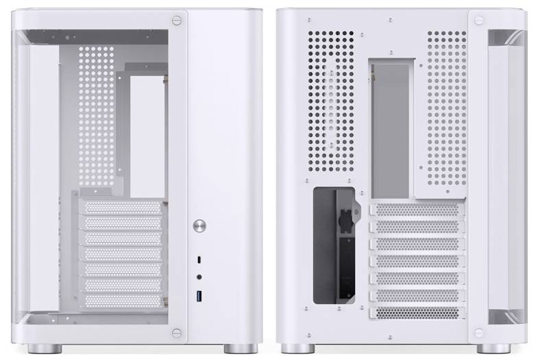 Twee witte computerbehuizingen met transparante zijpanelen. Eén toont de voorkant met een ronde aan/uit-knop, de andere de achterkant met ventilatiesleuven en aansluitingen.