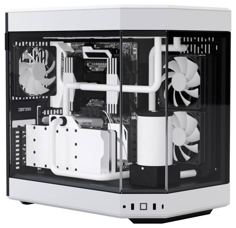 Een witte computer met een glazen behuizing toont ventilatoren, waterkoeling en interne hardwarecomponenten.