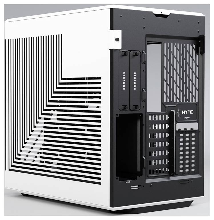 'Hyte Y60' pc-behuizing, verticaal geopend met een zwart en wit geometrisch ontwerp, toont sleuven en aansluitingen.