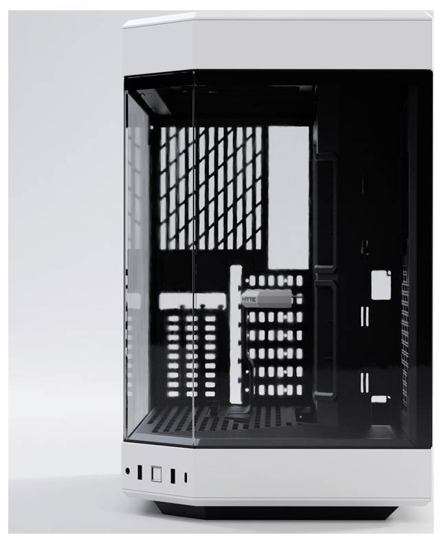 Een wit computerbehuizing met een glazen venster voor zicht op de binnenkant, dat open staat en lege schijfposities laat zien.