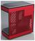 Rood computerbehuizing met geometrische, zwarte ventilatiesleuven. Rechthoekige vorm met transparante zijwanden.