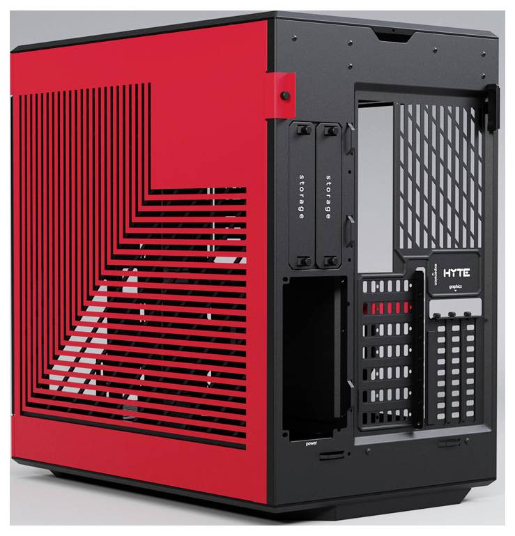 Een zwart en rood computerbehuizing met open design en verticale ventilatiesleuven, geschikt voor gaming-pc's.