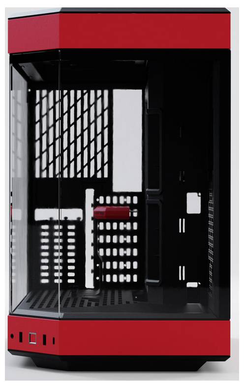 Rood computerbehuizing van glas met zwarte binnenlijst en gedeeltelijk zichtbaar ventilatierooster.