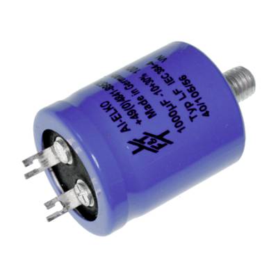 Blauwe elektrolytcondensator met drie aansluitingen, opdruk '1000 µF 10-63V', 'Made in Germany'.