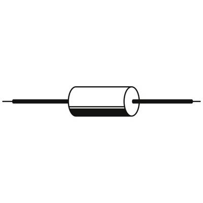 Een cilindrisch elektronisch onderdeel met aansluitingen aan beide uiteinden, vermoedelijk een diode of zekering.