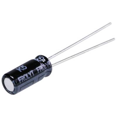 Een zwarte cilindrische elektrolytcondensator met twee lange aansluitdraden die uitsteken.