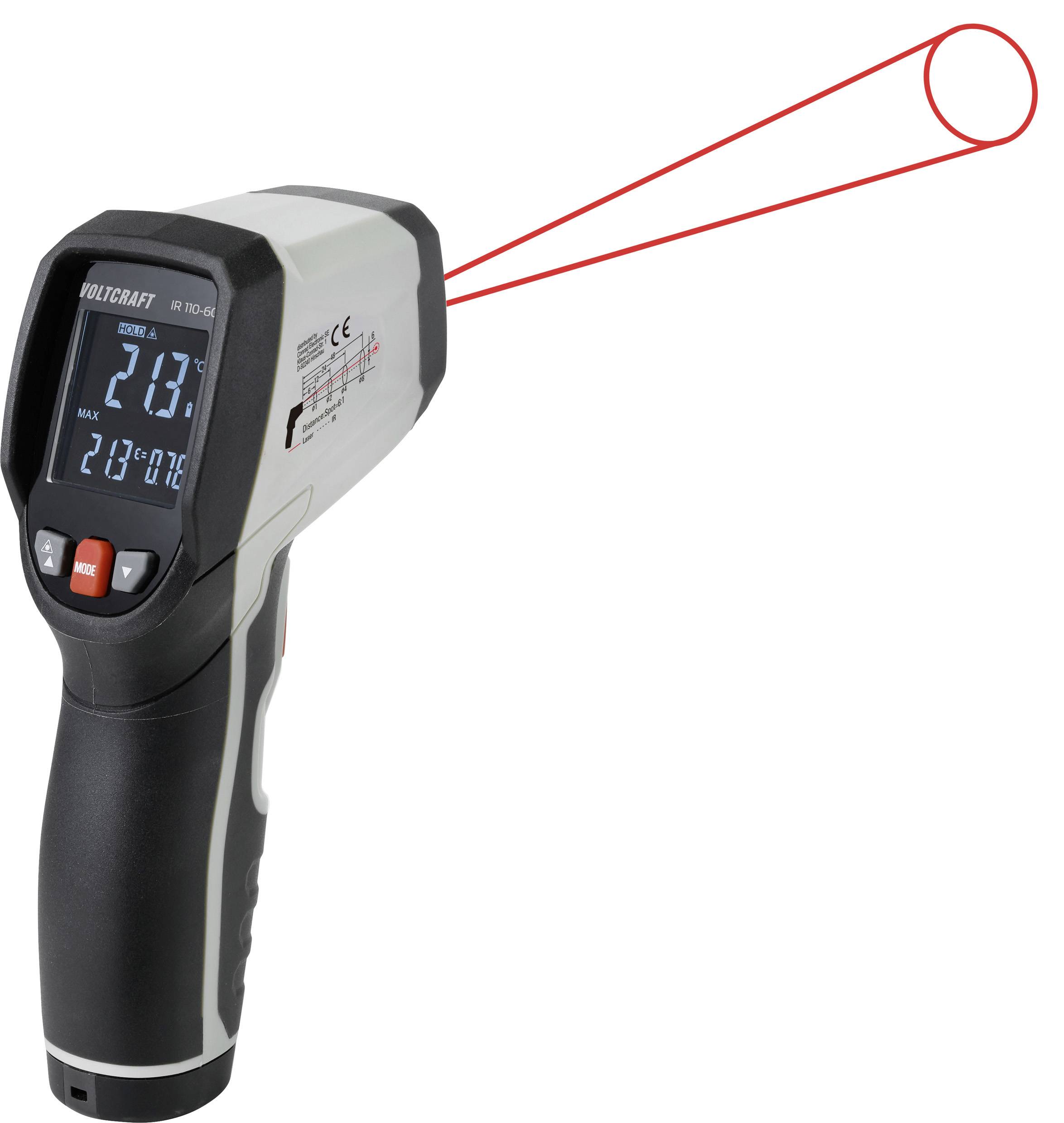 Een infrarood-thermometer met display toont 21,3 graden Celsius. Het heeft twee rode lasers die een punt in de verte markeren.