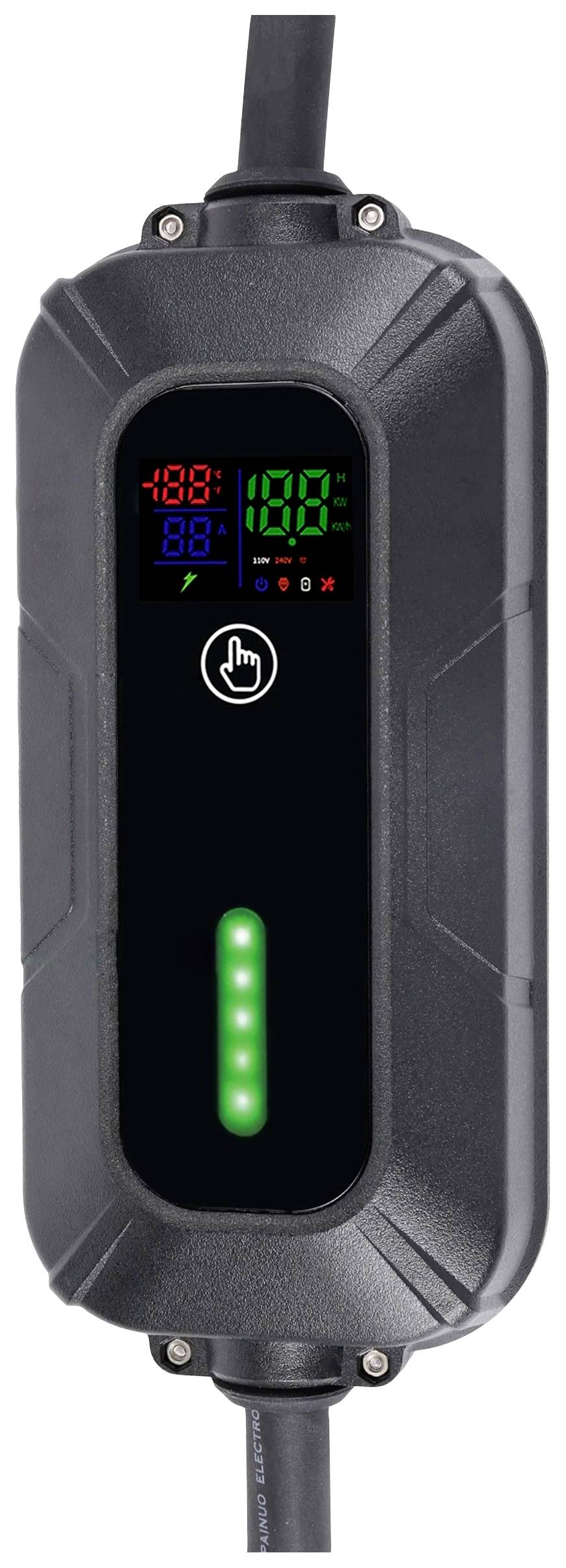 Een zwart elektronisch apparaat met LED-display, aanraaktoets en groen laadlicht. Het toont temperatuur, spanning en laadstatus.