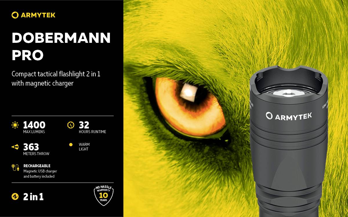 'Zaklamp Dobermann Pro van Armytek: 1400 Lumen, 32 uur batterijduur, 363 meter lichtbereik, 10 jaar garantie, magnetische oplader.'