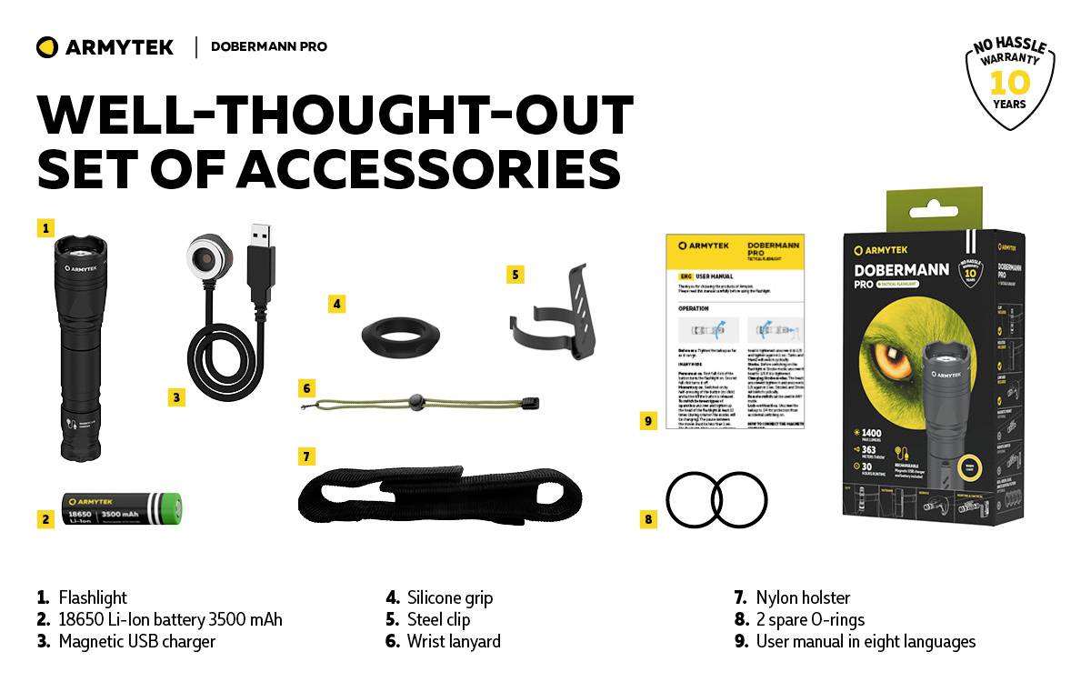 De afbeelding toont een accessoire-set voor de zaklamp 'Armytek Dobermann Pro', inclusief batterij, oplader, holster en lanyard.