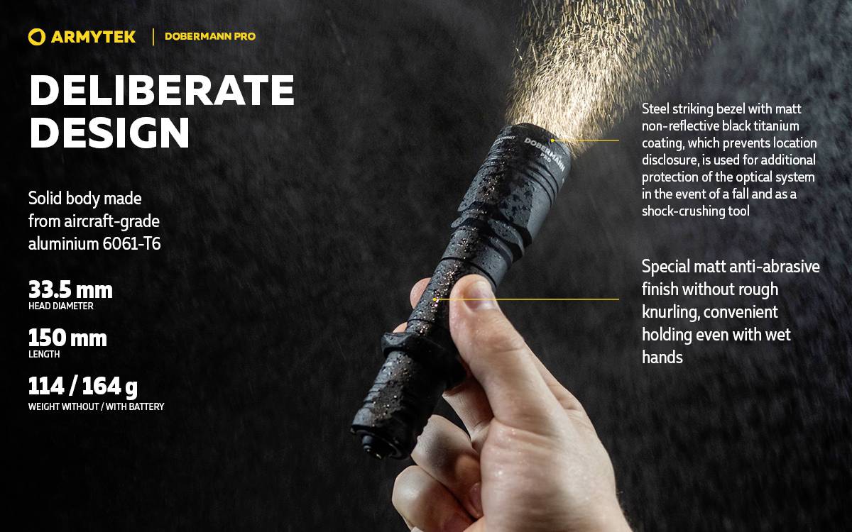 'ARMYTEK DOBERMANN PRO'-zaklamp. Aluminium behuizing 6061-T6. Afmetingen: 33,5 mm kopdiameter, 150 mm lengte. Licht en handzaam.