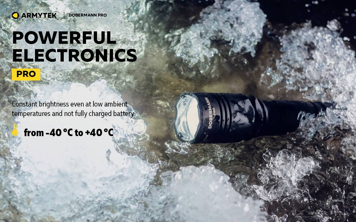 'Zaklamp schijnt in ijswater; Tekst: "Powerful Electronics Pro", temperatuurbereik -40°C tot +40°C.'
