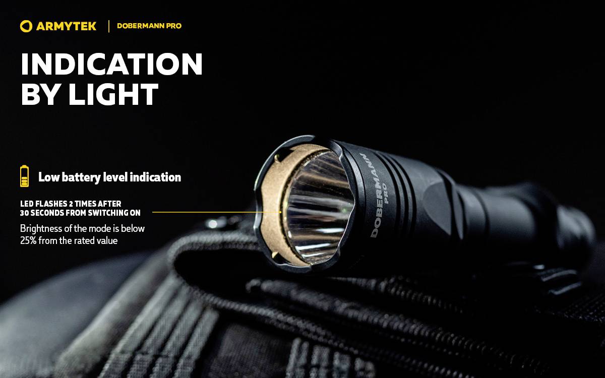 Zaklamp close-up met tekst 'Indication by Light'. Informatie over weergave bij lage batterijstand en LED-knipperen.