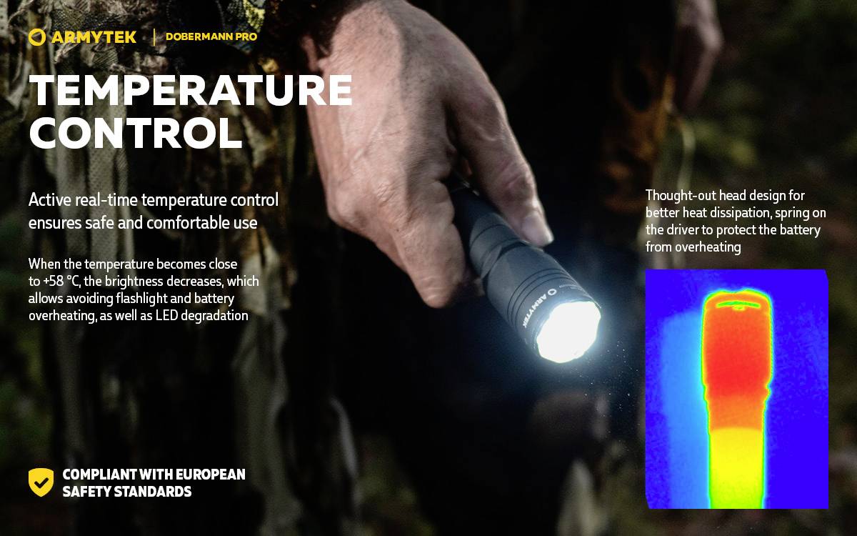 'TEMPERATUURBEHEERSING': Een hand houdt een zaklamp vast. Tekst legt actieve temperatuurcontrole uit voor veiligheid. Warmtebeeldopname toont lamp in werking.