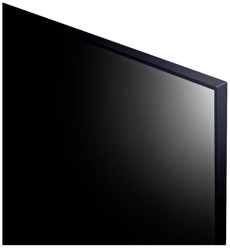 Een zwart, glanzend flatscreen, bekeken van opzij, toont de scherpe randen en een minimalistisch, elegant frame.