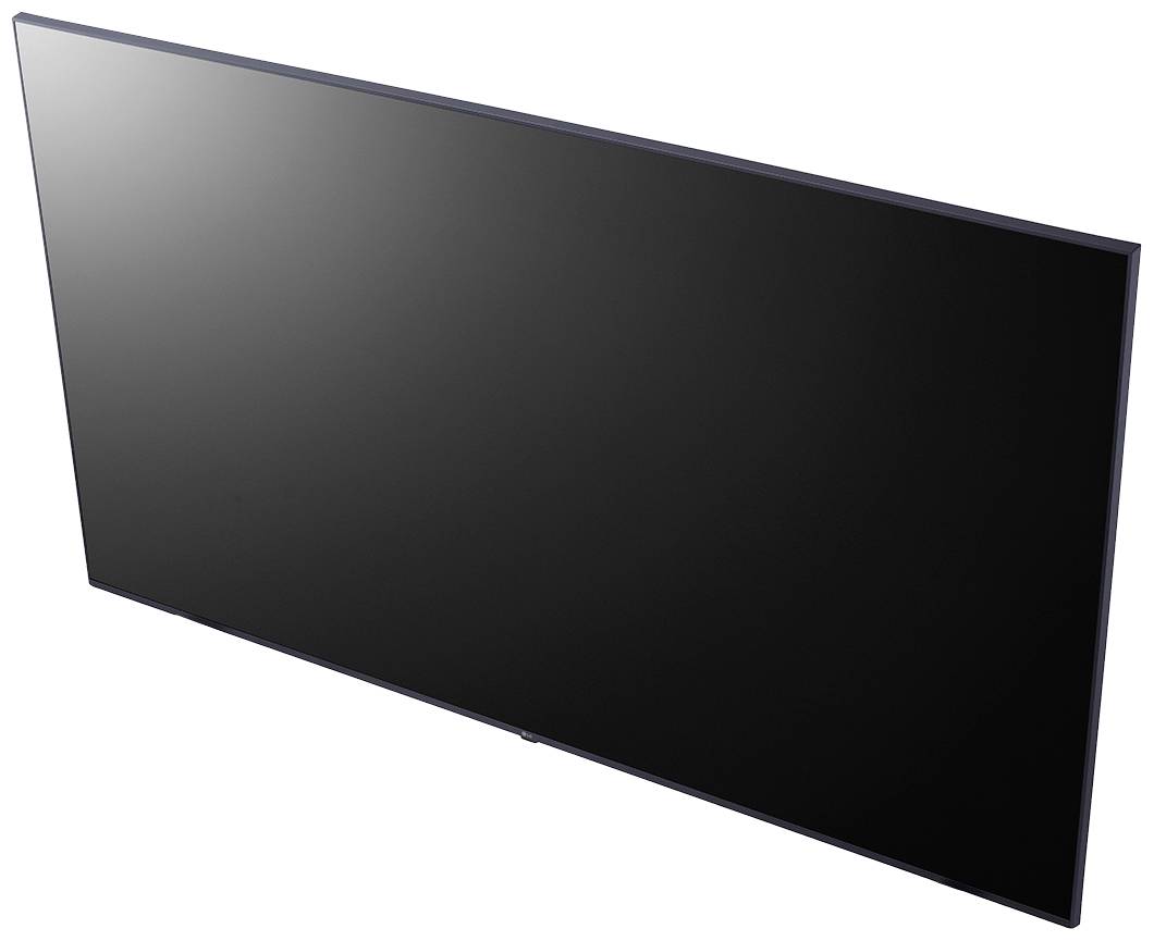 Een zwarte flatscreen televisie, licht schuin van opzij gefotografeerd, zonder zichtbare rand of beeld op het scherm.