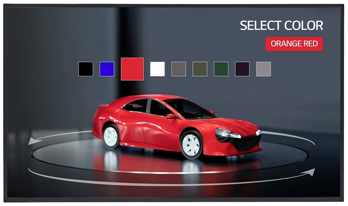 Een rood-oranje auto wordt gepresenteerd op een draaiend platform. Rechtsboven in het beeld staat 'SELECTEER KLEUR', met daaronder geselecteerde opties.