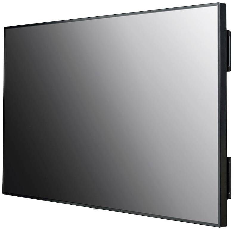 Een groot, zwart breedbeeldscherm in horizontale stand, licht schuin van opzij bekeken, zonder zichtbare inhoud.