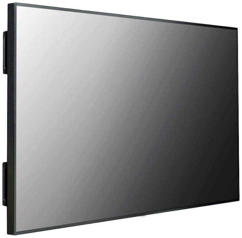 Een rechthoekige, zwart omrande, moderne flatscreen, licht naar rechts gekanteld.