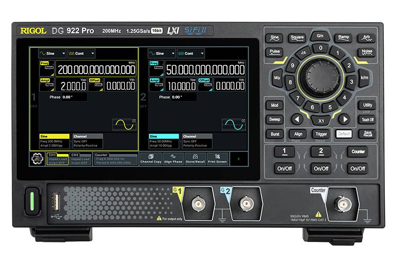 De afbeelding toont een Rigol DG 922 Pro functiegenerator met een scherm waarop twee rechthoekige en sinusvormige golfvormen worden weergegeven.