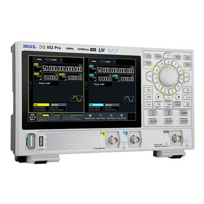 Een gebruiksvriendelijke functiegenerator met twee display-schermen voor het weergeven van signalen en frequenties. Draaiknoppen en toetsen voor bediening.