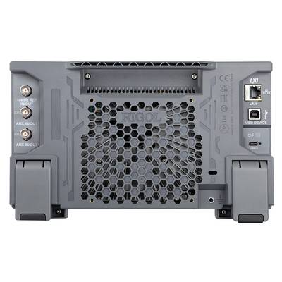 Achteraanzicht van een grijs meetapparaat met verluchtingsrooster in het midden, LAN-, USB- en invoerpoorten aan de linkerkant.