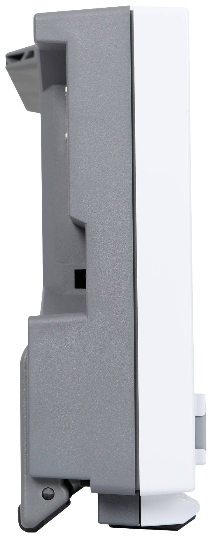 Zijaanzicht van een grijs en wit elektronisch apparaat met een rechthoekige vorm, dat aan de muur kan worden bevestigd.