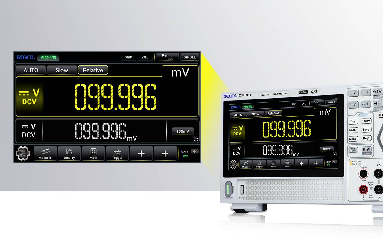 De afbeelding toont een digitaal multimeter van Rigol met een groot display. De spanningswaarde bedraagt '0,099996 V' in gele letters.
