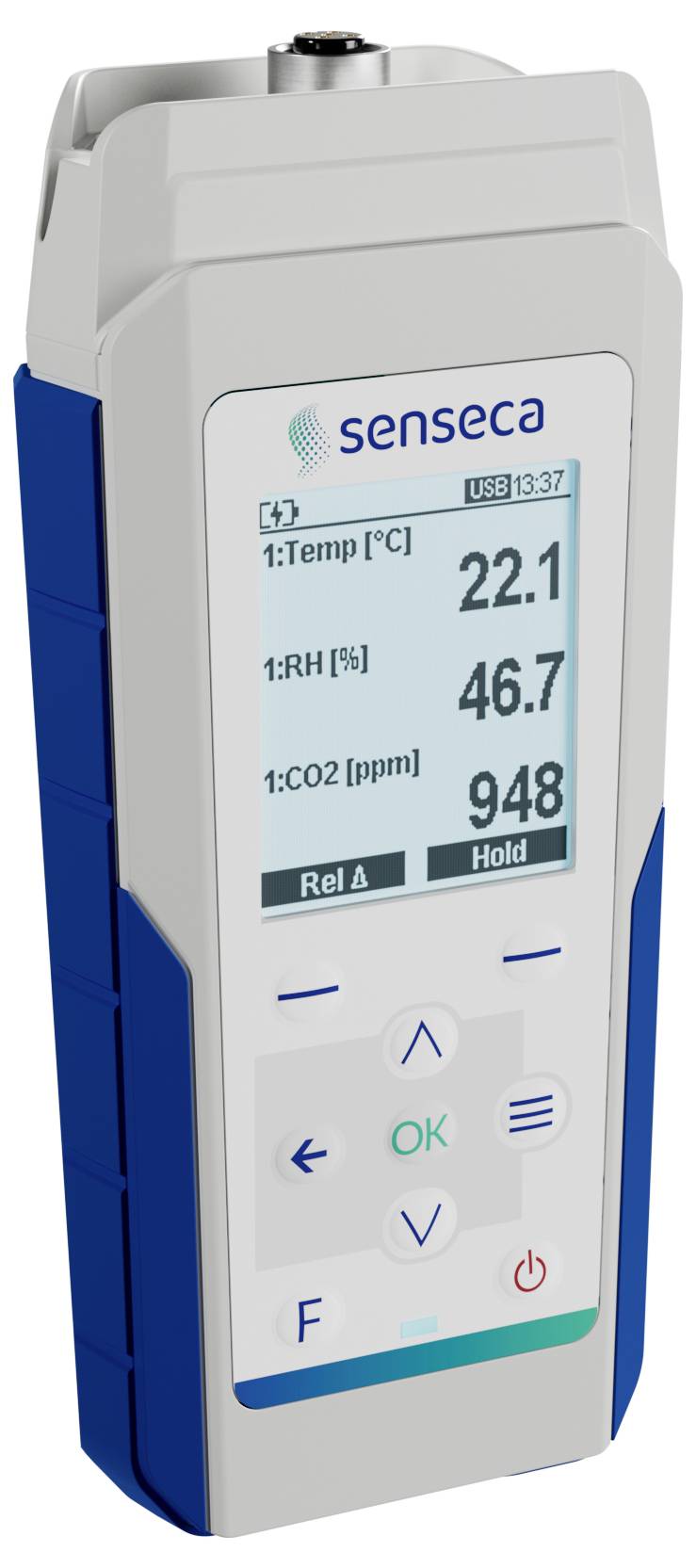 Een draagbare milieumeter die temperatuur 22,1°C, relatieve luchtvochtigheid 46,7% en CO2-niveau 948 ppm weergeeft.