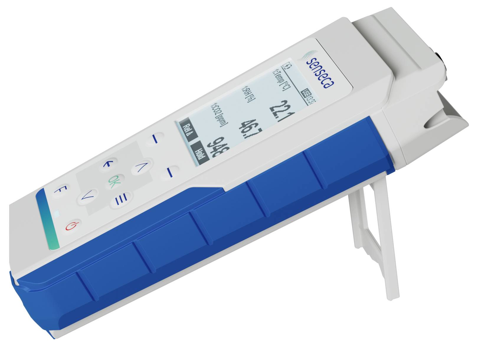 Blauw en wit handheld apparaat met knoppen en een digitaal display dat temperatuurmetingen toont.