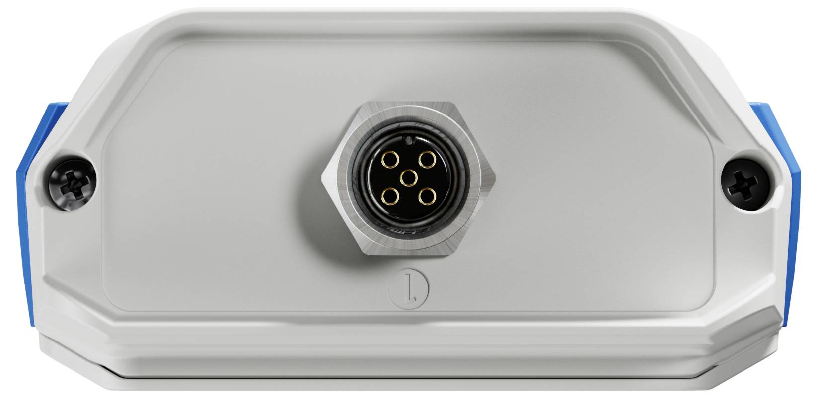 Een rechthoekig toestel met een vijfpenlige ronde connector in het midden. Het is gemonteerd met twee schroeven, één aan elke kant, en heeft een robuuste behuizing.