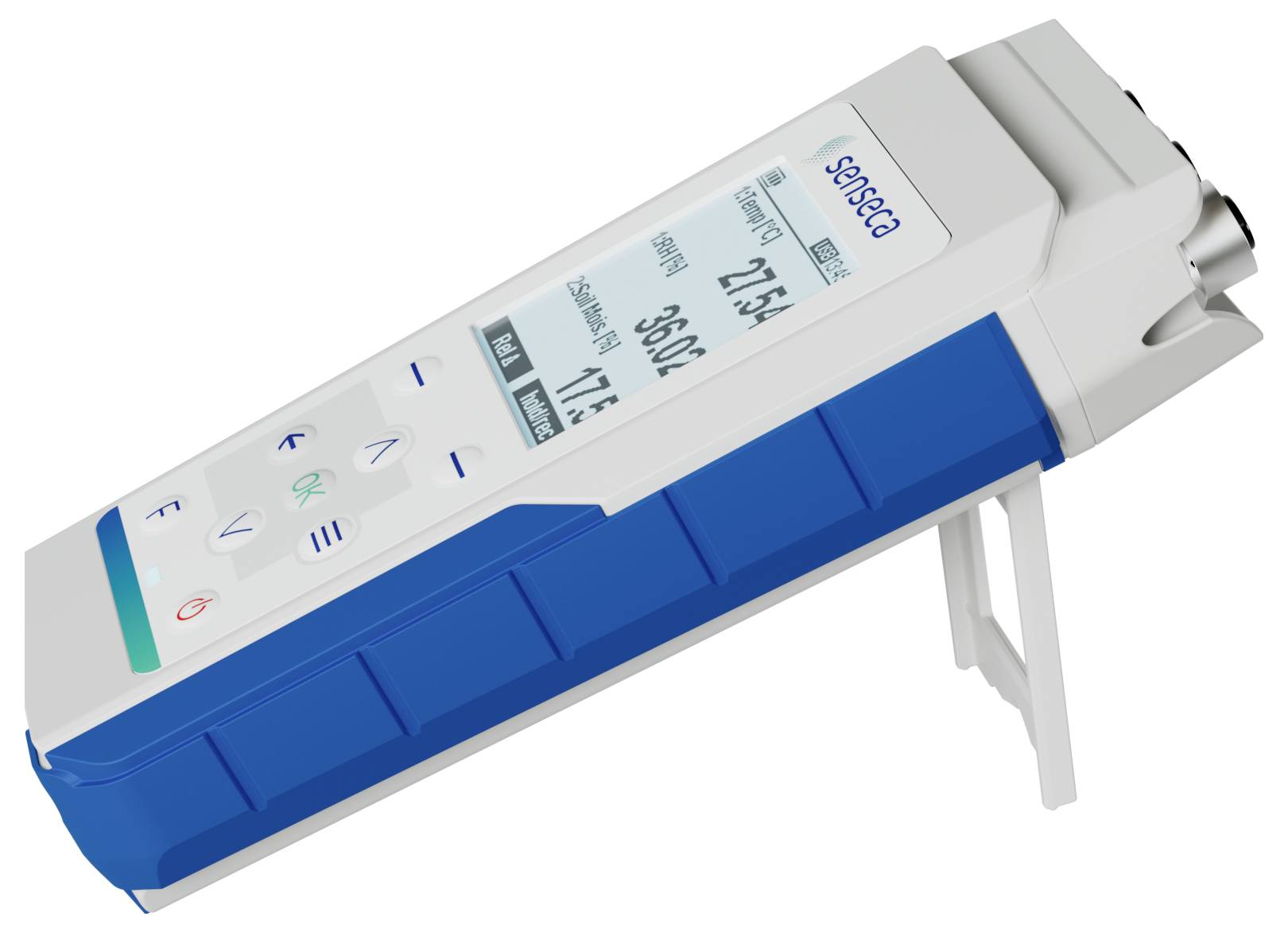 Een draagbare digitale pH-meter met een blauw en wit ontwerp, voorzien van een LCD-scherm en verschillende knoppen voor bediening en kalibratie.