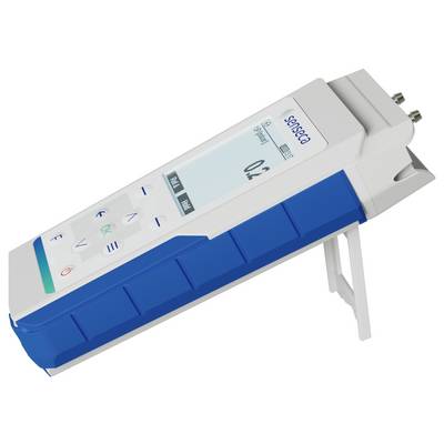 Draagbaar digitaal apparaat met een display met verschillende metingen, bedieningsknoppen en een blauw-witte ontwerp met een standaard.