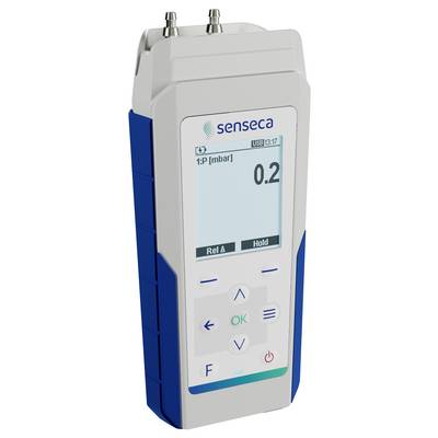 Digitale drukmeter met '0,2 mbar' weergave, voorzien van knoppen voor 'Rel ∆', 'Hold' en navigatie. Merknaam 'senseca' zichtbaar.