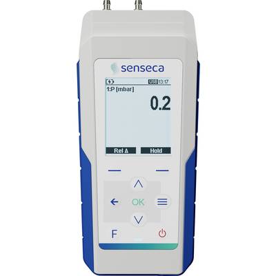 Handheld digitale drukmeter met '0,2 mbar' op het scherm, met knoppen voor instellingen, gelabeld 'senseca'.