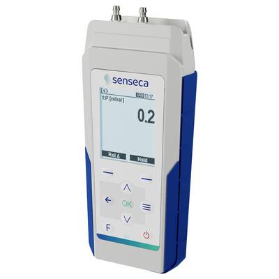 Een digitale drukmeter met '0,2 mbar' weergegeven op het scherm, met bedieningsknoppen eronder voor bediening.