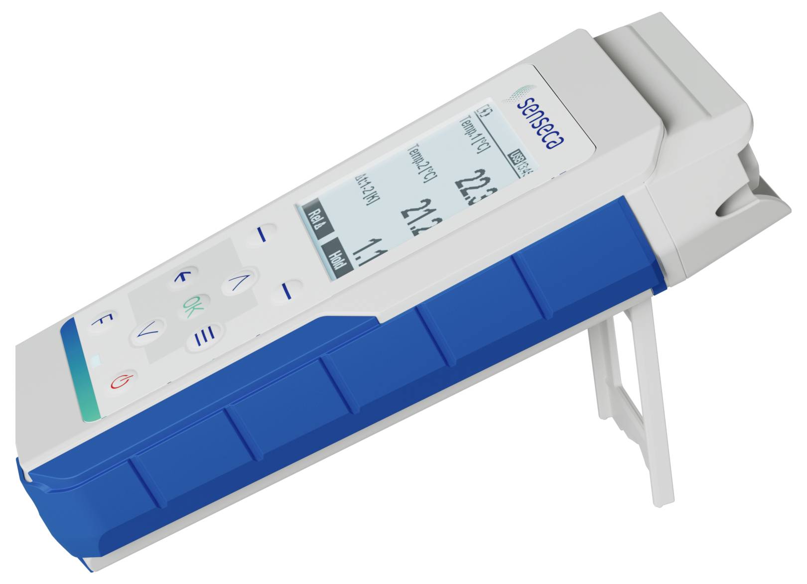 Een draagbaar apparaat met een digitaal display en knoppen, gebruikt voor medische diagnostische doeleinden, met afleesbare metingen en bedieningselementen.