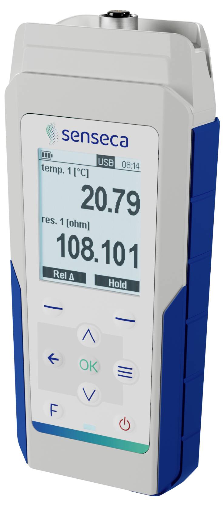 Een draagbare digitale meter met een scherm dat 'temp. 20,79°C' en 'res. 108,101 ohm' weergeeft, met navigatieknoppen eronder.