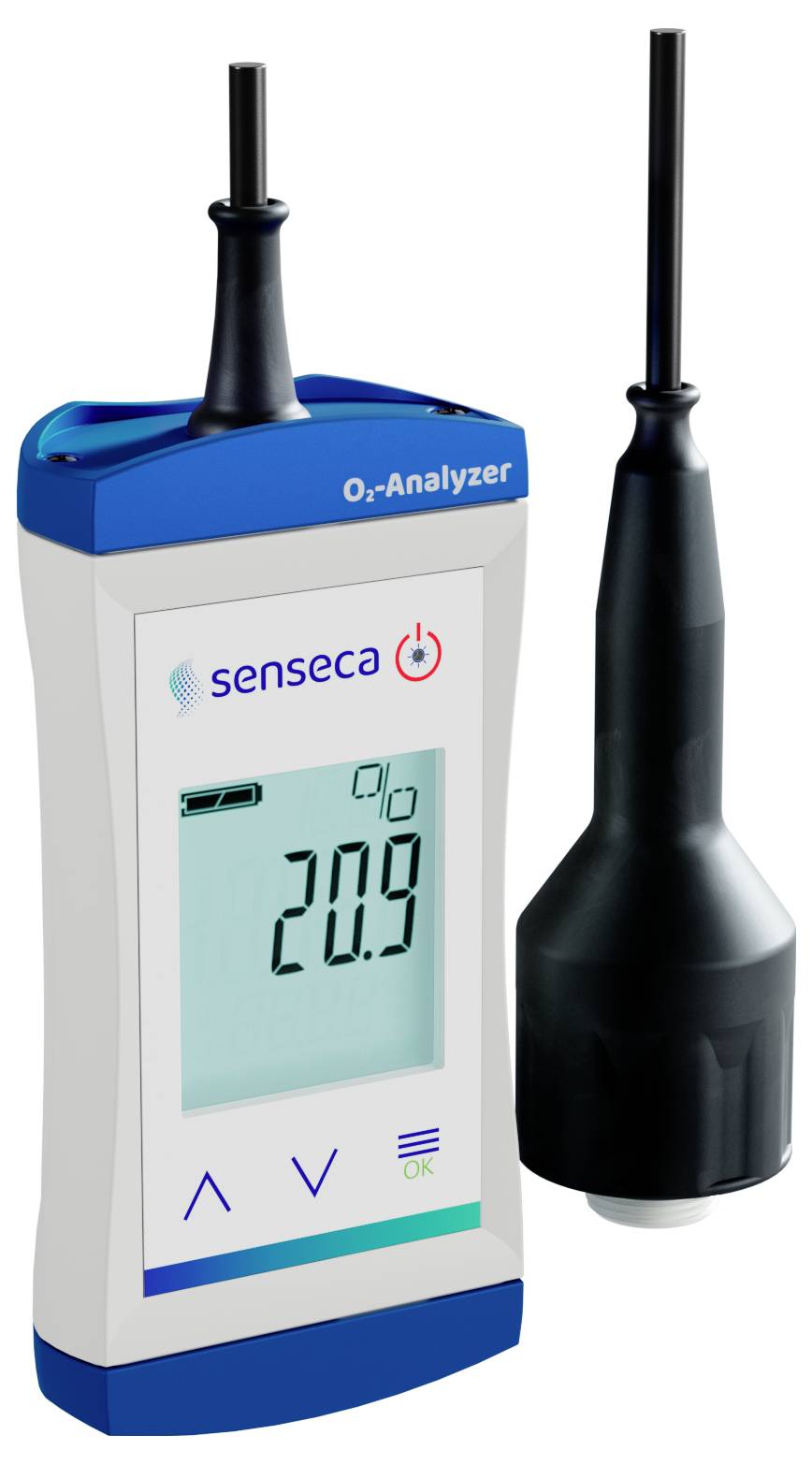 'O₂-Analyzer' apparaat met '20.9%' weergave, voorzien van een sonde en blauwe accenten, gebruikt voor het meten van zuurstofconcentratie.