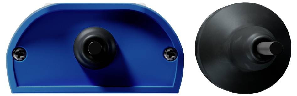 Een blauwe, afgeronde apparaat met een zwarte knop in het midden, getoond vanuit voor- en zijaanzicht, waarschijnlijk een elektronisch onderdeel.