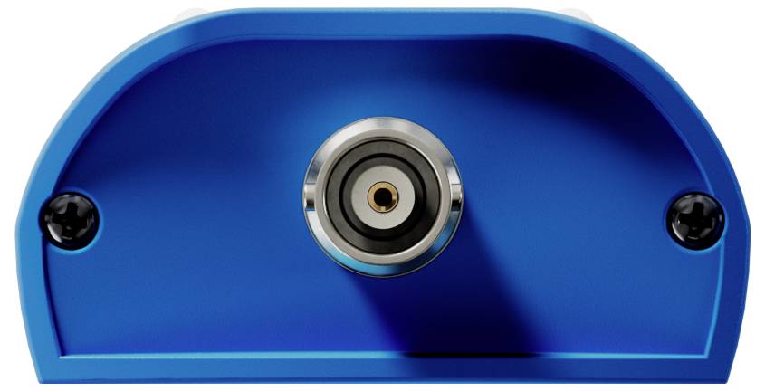 Een close-upfoto van een blauwe sensor met een centraal cirkelvormig metalen onderdeel en twee schroefbevestigingen aan weerszijden.