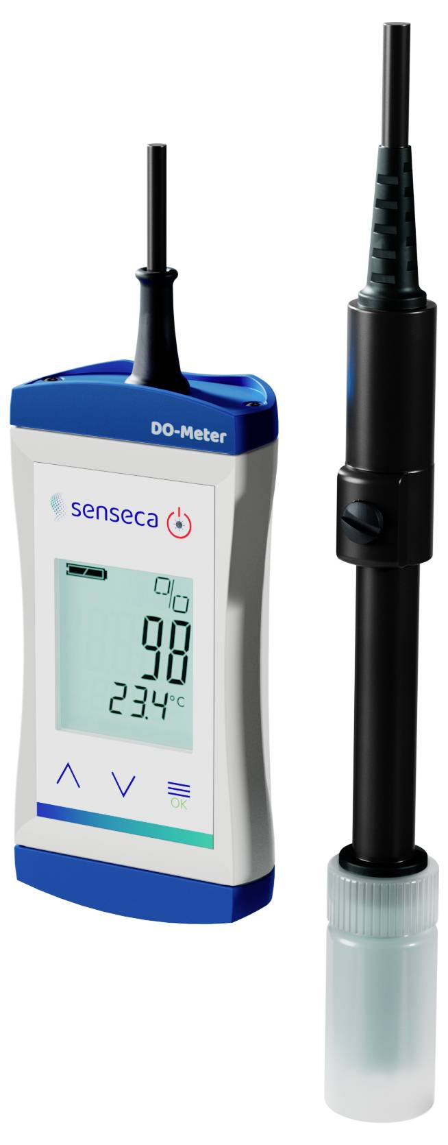 Een digitale zuurstofmeter die '00 mg/L' en '23,4°C' weergeeft, met een aangesloten sonde voor het meten van opgeloste zuurstofniveaus in water.