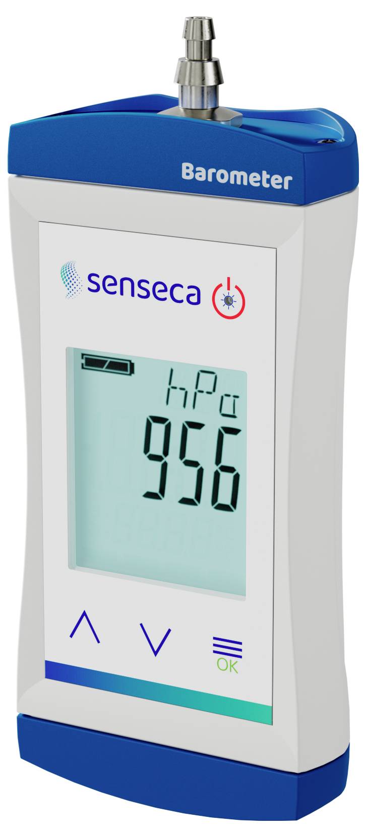 Een digitale barometer die 956 hPa weergeeft, met knoppen voor aanpassing en een aansluiting aan de bovenkant. De merknaam 'Senseca' is zichtbaar.