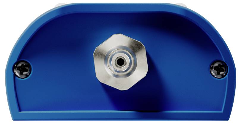 Blauw mechanisch onderdeel met zeshoekige metalen aansluiting en twee schroeven, mogelijk deel van een groter apparaat of machine.